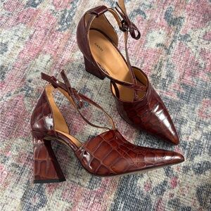 Ganni Lina Leather Croc-Embossed Pointed Toe Ankle-Strap Block Heels EU 40